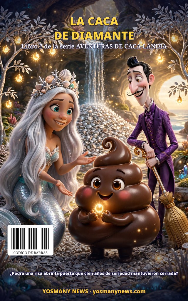 Contraportada de LA CACA DE DIAMANTE: la sirena Serena agachada en la gruta de las conchas, Dungington III detrás con su escoba y Poo-ablo al frente con una luz brillante entre las manos