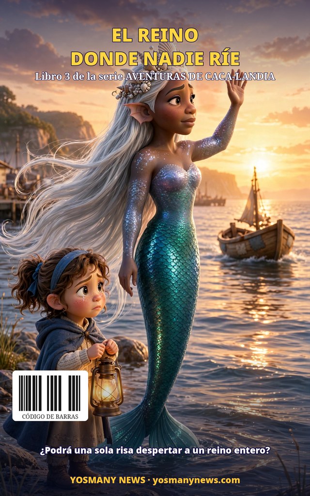 Contraportada de EL REINO DONDE NADIE RÍE: la sirena Serena despidiéndose junto a Luna y su farol, a la orilla del mar al atardecer