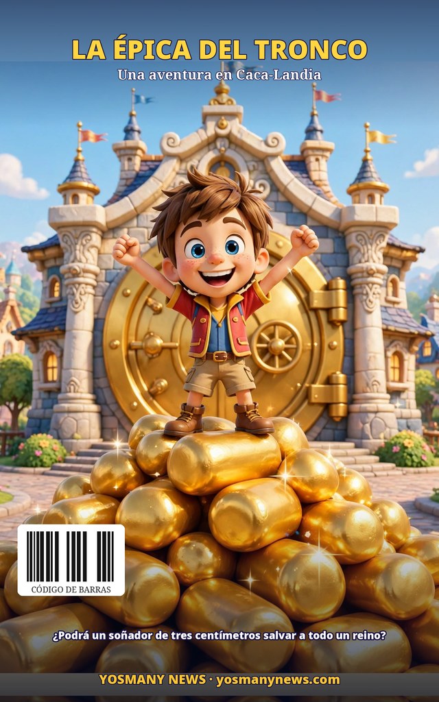 Contraportada de EL TRONO DE ORO: el héroe celebrando sobre la montaña de troncos de oro, ante la gran puerta dorada de la Bóveda Central